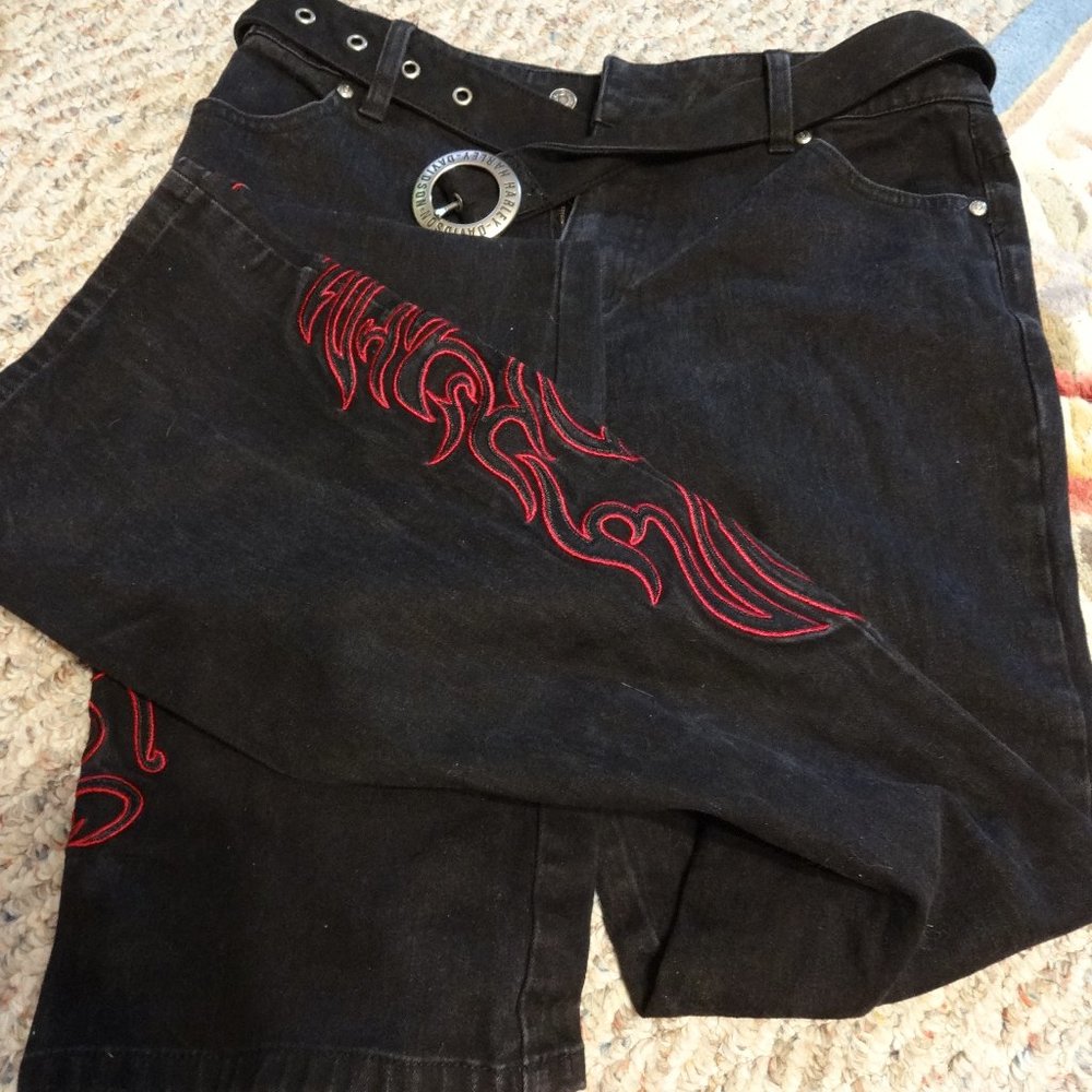 harley davidson black red flame jeans with belt 6 boot cut